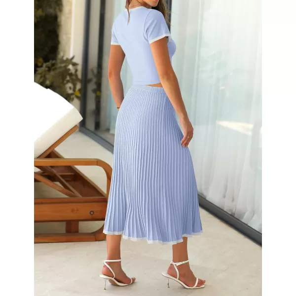 imageZESICA Womens Casual Two Piece Skirt Sets Ribbed Knit Short Sleeve Crop Top and Pleated Skirts Matching Set Summer OutfitsLightblue