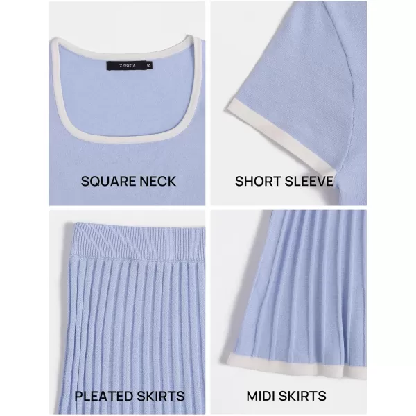 imageZESICA Womens Casual Two Piece Skirt Sets Ribbed Knit Short Sleeve Crop Top and Pleated Skirts Matching Set Summer OutfitsLightblue