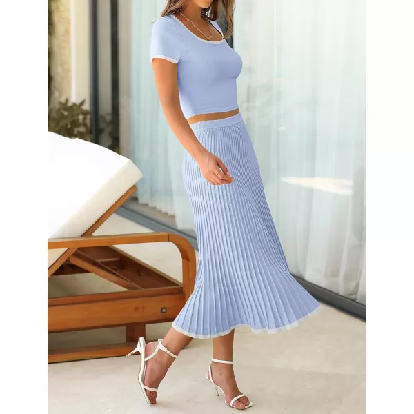imageZESICA Womens Casual Two Piece Skirt Sets Ribbed Knit Short Sleeve Crop Top and Pleated Skirts Matching Set Summer OutfitsLightblue