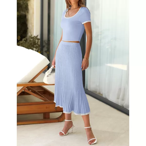 imageZESICA Womens Casual Two Piece Skirt Sets Ribbed Knit Short Sleeve Crop Top and Pleated Skirts Matching Set Summer OutfitsLightblue