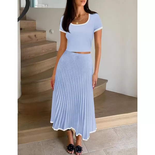 imageZESICA Womens Casual Two Piece Skirt Sets Ribbed Knit Short Sleeve Crop Top and Pleated Skirts Matching Set Summer OutfitsLightblue