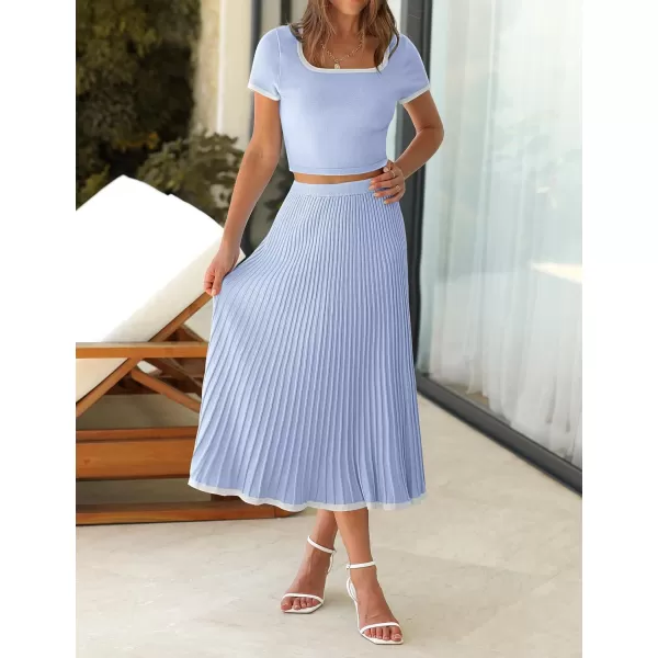 imageZESICA Womens Casual Two Piece Skirt Sets Ribbed Knit Short Sleeve Crop Top and Pleated Skirts Matching Set Summer OutfitsLightblue