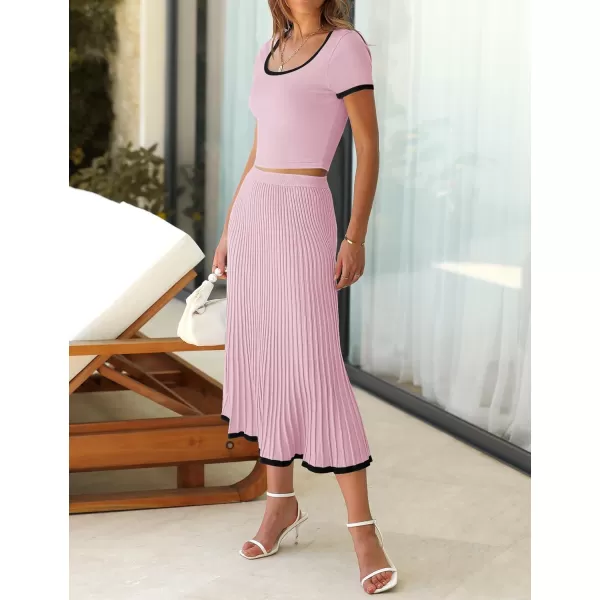 imageZESICA Womens Casual Two Piece Skirt Sets Ribbed Knit Short Sleeve Crop Top and Pleated Skirts Matching Set Summer OutfitsLightpink