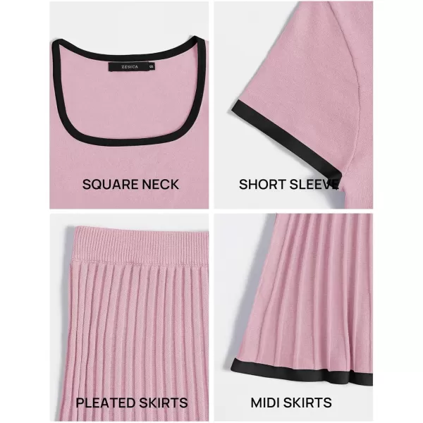 imageZESICA Womens Casual Two Piece Skirt Sets Ribbed Knit Short Sleeve Crop Top and Pleated Skirts Matching Set Summer OutfitsLightpink