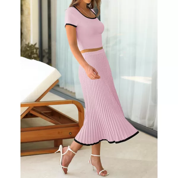 imageZESICA Womens Casual Two Piece Skirt Sets Ribbed Knit Short Sleeve Crop Top and Pleated Skirts Matching Set Summer OutfitsLightpink