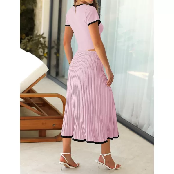 imageZESICA Womens Casual Two Piece Skirt Sets Ribbed Knit Short Sleeve Crop Top and Pleated Skirts Matching Set Summer OutfitsLightpink