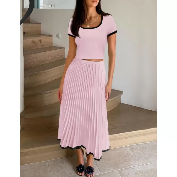 imageZESICA Womens Casual Two Piece Skirt Sets Ribbed Knit Short Sleeve Crop Top and Pleated Skirts Matching Set Summer OutfitsLightpink