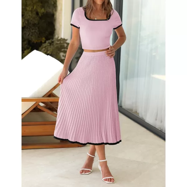 imageZESICA Womens Casual Two Piece Skirt Sets Ribbed Knit Short Sleeve Crop Top and Pleated Skirts Matching Set Summer OutfitsLightpink
