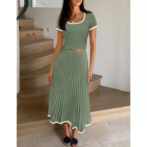 imageZESICA Womens Casual Two Piece Skirt Sets Ribbed Knit Short Sleeve Crop Top and Pleated Skirts Matching Set Summer OutfitsOlivegreen