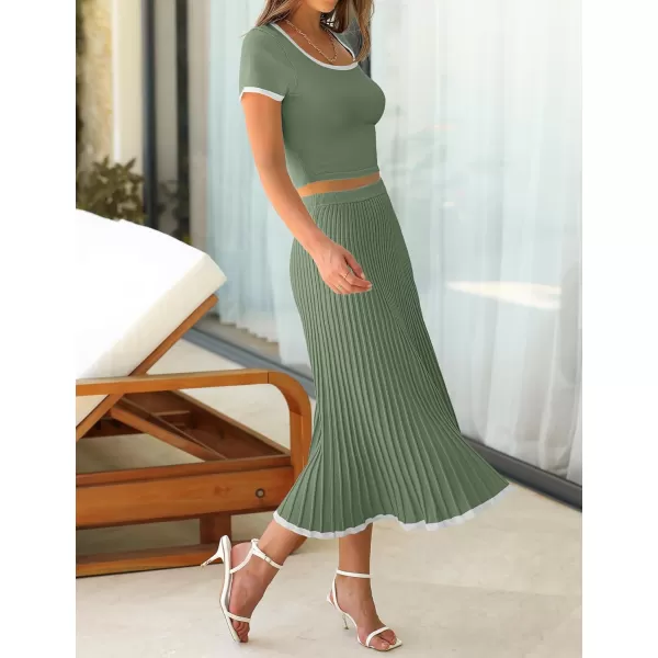 imageZESICA Womens Casual Two Piece Skirt Sets Ribbed Knit Short Sleeve Crop Top and Pleated Skirts Matching Set Summer OutfitsOlivegreen
