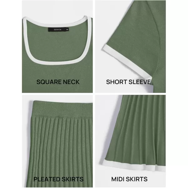 imageZESICA Womens Casual Two Piece Skirt Sets Ribbed Knit Short Sleeve Crop Top and Pleated Skirts Matching Set Summer OutfitsOlivegreen