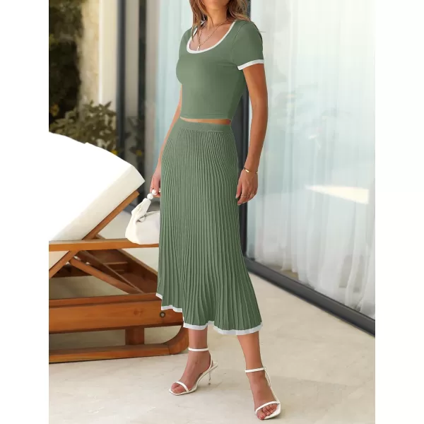 imageZESICA Womens Casual Two Piece Skirt Sets Ribbed Knit Short Sleeve Crop Top and Pleated Skirts Matching Set Summer OutfitsOlivegreen