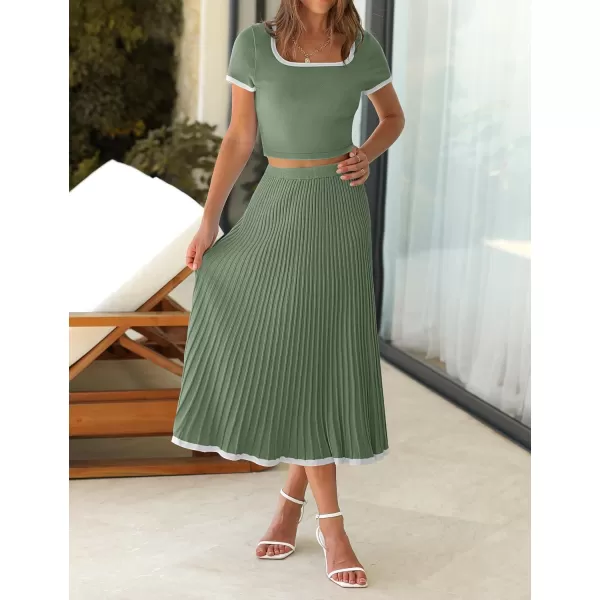 imageZESICA Womens Casual Two Piece Skirt Sets Ribbed Knit Short Sleeve Crop Top and Pleated Skirts Matching Set Summer OutfitsOlivegreen