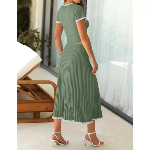 imageZESICA Womens Casual Two Piece Skirt Sets Ribbed Knit Short Sleeve Crop Top and Pleated Skirts Matching Set Summer OutfitsOlivegreen
