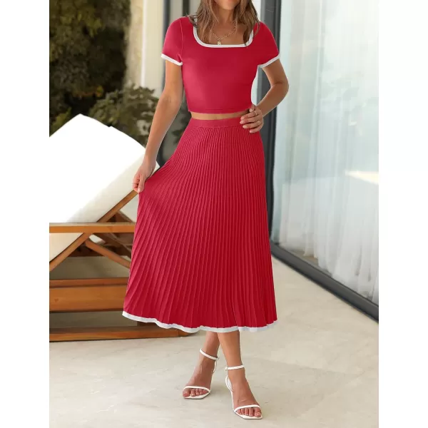 imageZESICA Womens Casual Two Piece Skirt Sets Ribbed Knit Short Sleeve Crop Top and Pleated Skirts Matching Set Summer OutfitsRed