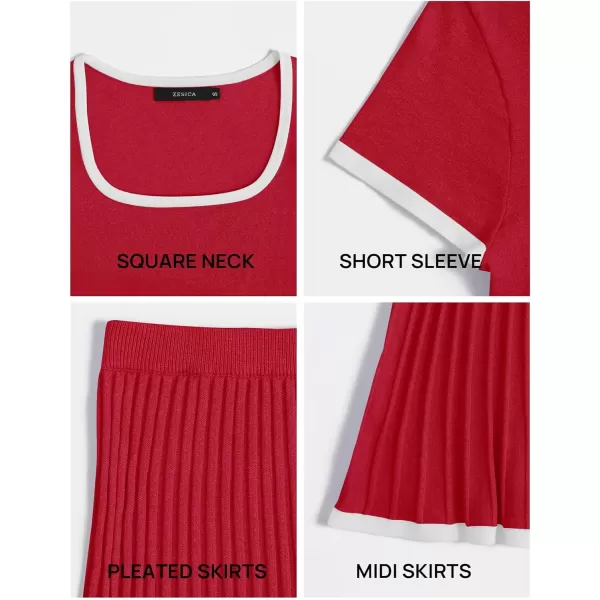imageZESICA Womens Casual Two Piece Skirt Sets Ribbed Knit Short Sleeve Crop Top and Pleated Skirts Matching Set Summer OutfitsRed