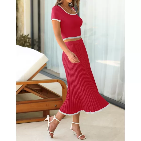 imageZESICA Womens Casual Two Piece Skirt Sets Ribbed Knit Short Sleeve Crop Top and Pleated Skirts Matching Set Summer OutfitsRed