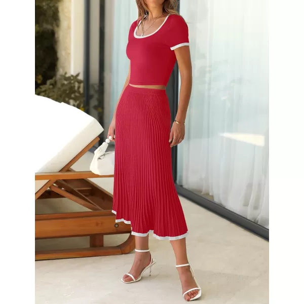 imageZESICA Womens Casual Two Piece Skirt Sets Ribbed Knit Short Sleeve Crop Top and Pleated Skirts Matching Set Summer OutfitsRed