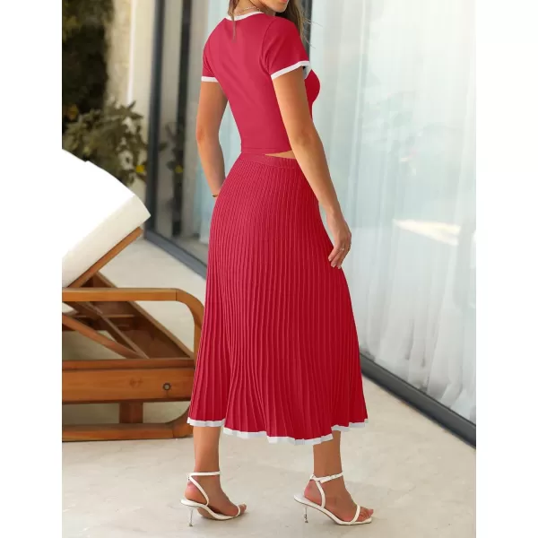 imageZESICA Womens Casual Two Piece Skirt Sets Ribbed Knit Short Sleeve Crop Top and Pleated Skirts Matching Set Summer OutfitsRed