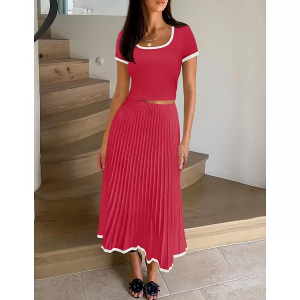 imageZESICA Womens Casual Two Piece Skirt Sets Ribbed Knit Short Sleeve Crop Top and Pleated Skirts Matching Set Summer OutfitsRed