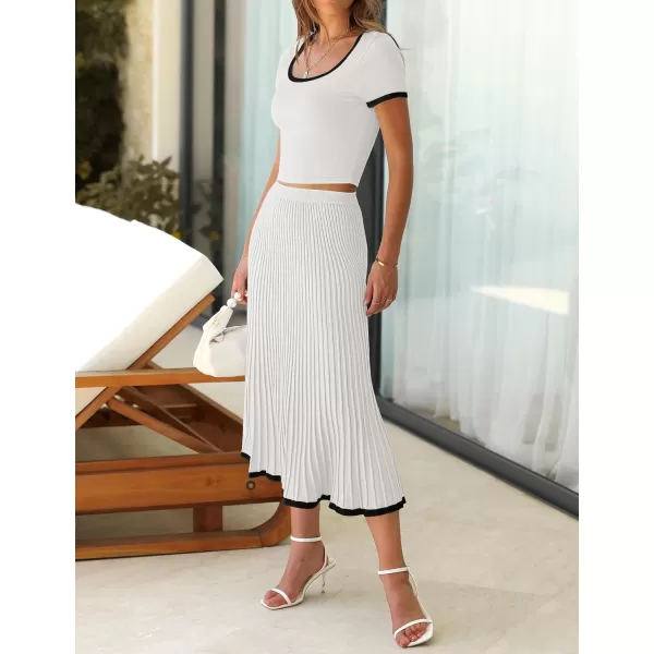 imageZESICA Womens Casual Two Piece Skirt Sets Ribbed Knit Short Sleeve Crop Top and Pleated Skirts Matching Set Summer OutfitsWhite