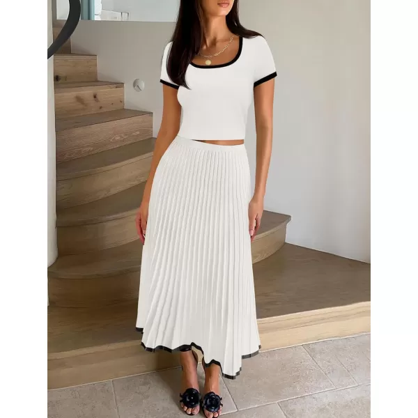 imageZESICA Womens Casual Two Piece Skirt Sets Ribbed Knit Short Sleeve Crop Top and Pleated Skirts Matching Set Summer OutfitsWhite
