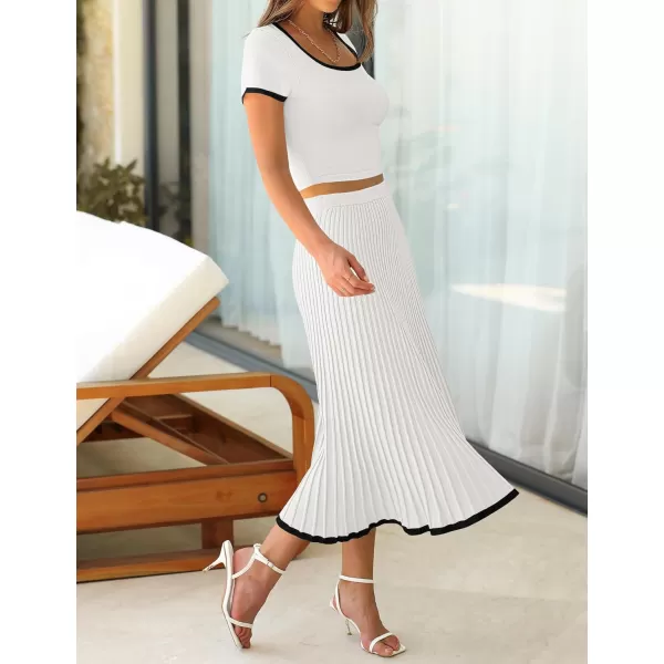 imageZESICA Womens Casual Two Piece Skirt Sets Ribbed Knit Short Sleeve Crop Top and Pleated Skirts Matching Set Summer OutfitsWhite