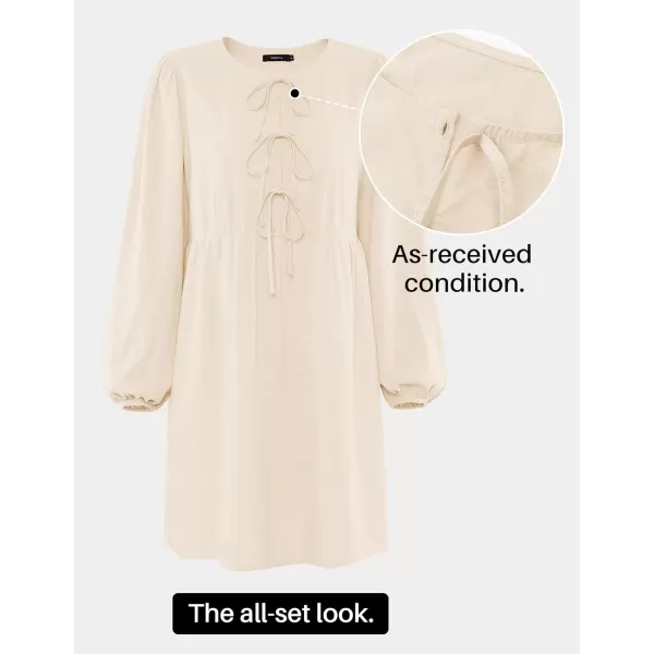 imageZESICA Womens Dress Fall Long Puff Sleeve Self Tie Front Babydoll A Line Pleated Cute Mini Tunic Dresses 2024Apricot