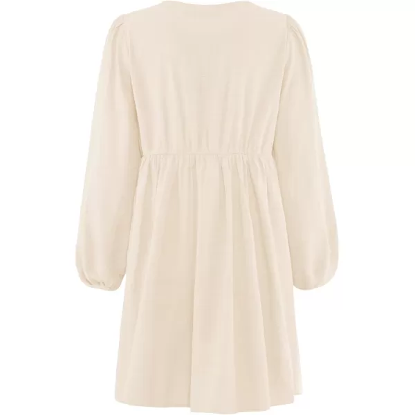 imageZESICA Womens Dress Fall Long Puff Sleeve Self Tie Front Babydoll A Line Pleated Cute Mini Tunic Dresses 2024Apricot