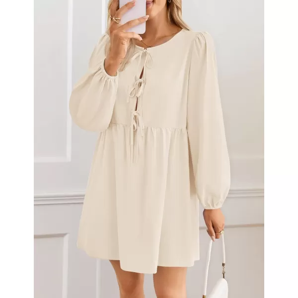 imageZESICA Womens Dress Fall Long Puff Sleeve Self Tie Front Babydoll A Line Pleated Cute Mini Tunic Dresses 2024Apricot