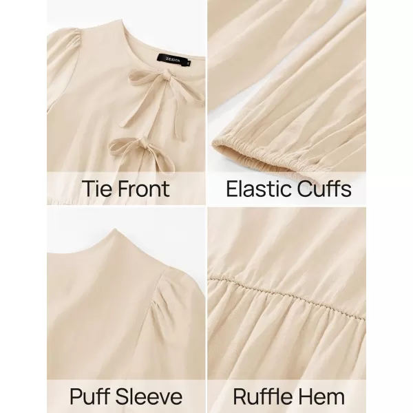 imageZESICA Womens Dress Fall Long Puff Sleeve Self Tie Front Babydoll A Line Pleated Cute Mini Tunic Dresses 2024Apricot