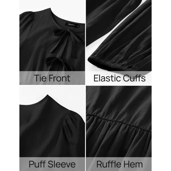 imageZESICA Womens Dress Fall Long Puff Sleeve Self Tie Front Babydoll A Line Pleated Cute Mini Tunic Dresses 2024Black