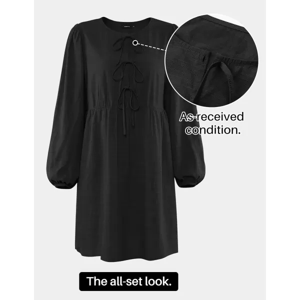 imageZESICA Womens Dress Fall Long Puff Sleeve Self Tie Front Babydoll A Line Pleated Cute Mini Tunic Dresses 2024Black