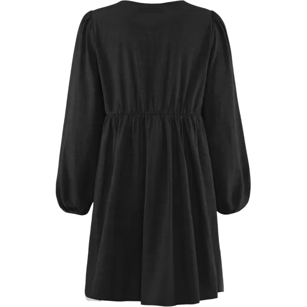 imageZESICA Womens Dress Fall Long Puff Sleeve Self Tie Front Babydoll A Line Pleated Cute Mini Tunic Dresses 2024Black