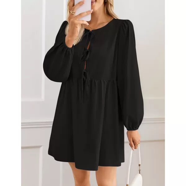 imageZESICA Womens Dress Fall Long Puff Sleeve Self Tie Front Babydoll A Line Pleated Cute Mini Tunic Dresses 2024Black