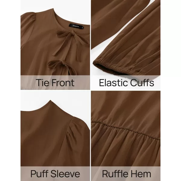 imageZESICA Womens Dress Fall Long Puff Sleeve Self Tie Front Babydoll A Line Pleated Cute Mini Tunic Dresses 2024Brown