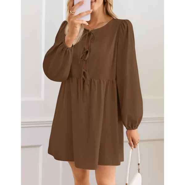 imageZESICA Womens Dress Fall Long Puff Sleeve Self Tie Front Babydoll A Line Pleated Cute Mini Tunic Dresses 2024Brown