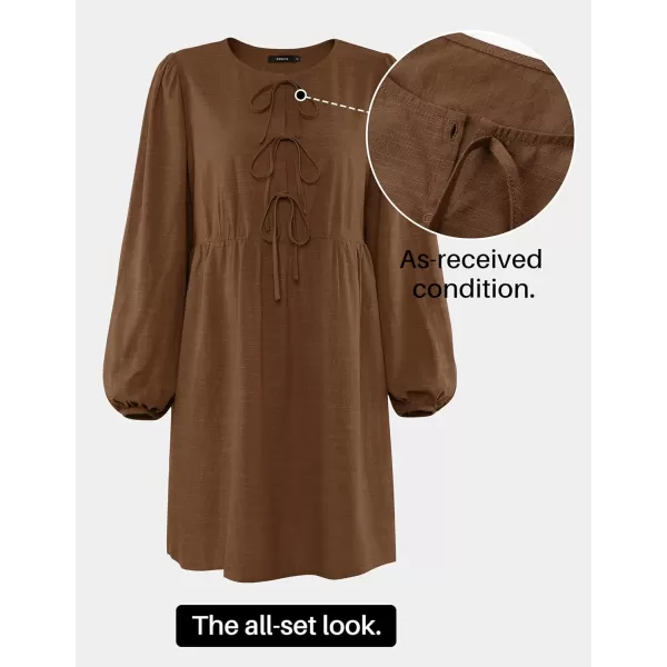 imageZESICA Womens Dress Fall Long Puff Sleeve Self Tie Front Babydoll A Line Pleated Cute Mini Tunic Dresses 2024Brown