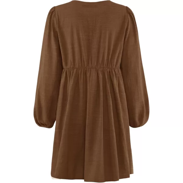imageZESICA Womens Dress Fall Long Puff Sleeve Self Tie Front Babydoll A Line Pleated Cute Mini Tunic Dresses 2024Brown