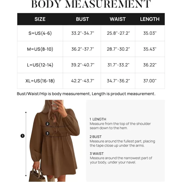 imageZESICA Womens Dress Fall Long Puff Sleeve Self Tie Front Babydoll A Line Pleated Cute Mini Tunic Dresses 2024Brown