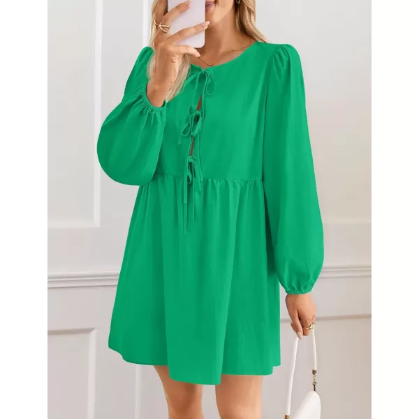 imageZESICA Womens Dress Fall Long Puff Sleeve Self Tie Front Babydoll A Line Pleated Cute Mini Tunic Dresses 2024Green