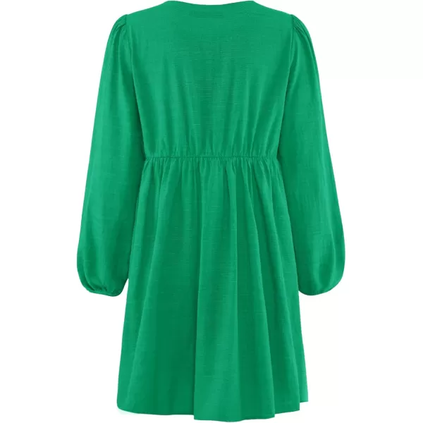 imageZESICA Womens Dress Fall Long Puff Sleeve Self Tie Front Babydoll A Line Pleated Cute Mini Tunic Dresses 2024Green