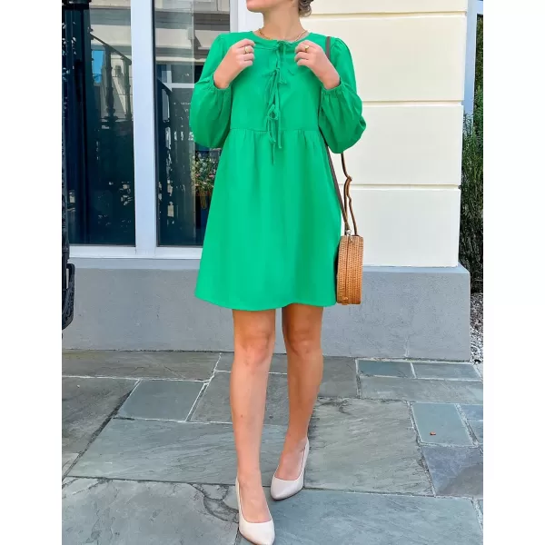 imageZESICA Womens Dress Fall Long Puff Sleeve Self Tie Front Babydoll A Line Pleated Cute Mini Tunic Dresses 2024Green