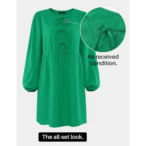 imageZESICA Womens Dress Fall Long Puff Sleeve Self Tie Front Babydoll A Line Pleated Cute Mini Tunic Dresses 2024Green