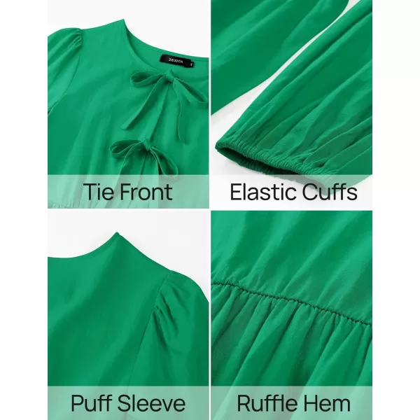 imageZESICA Womens Dress Fall Long Puff Sleeve Self Tie Front Babydoll A Line Pleated Cute Mini Tunic Dresses 2024Green