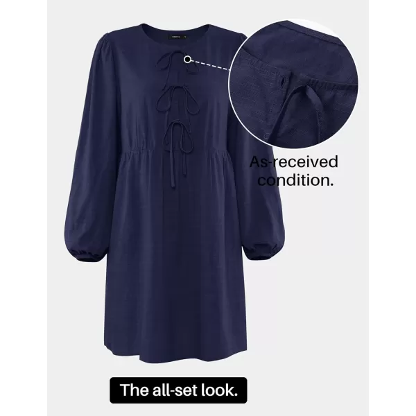 imageZESICA Womens Dress Fall Long Puff Sleeve Self Tie Front Babydoll A Line Pleated Cute Mini Tunic Dresses 2024Navy