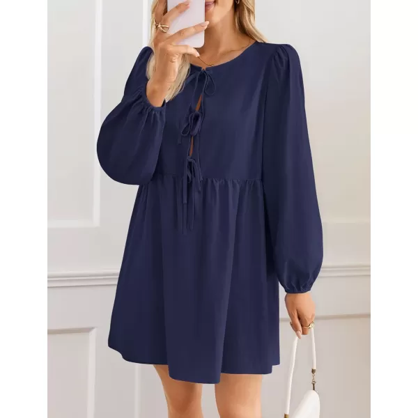 imageZESICA Womens Dress Fall Long Puff Sleeve Self Tie Front Babydoll A Line Pleated Cute Mini Tunic Dresses 2024Navy