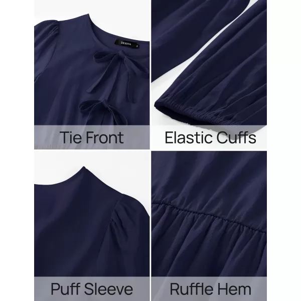 imageZESICA Womens Dress Fall Long Puff Sleeve Self Tie Front Babydoll A Line Pleated Cute Mini Tunic Dresses 2024Navy
