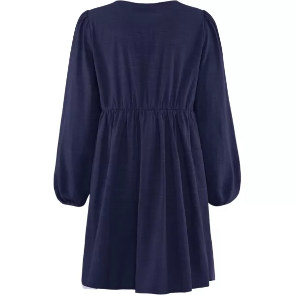 imageZESICA Womens Dress Fall Long Puff Sleeve Self Tie Front Babydoll A Line Pleated Cute Mini Tunic Dresses 2024Navy