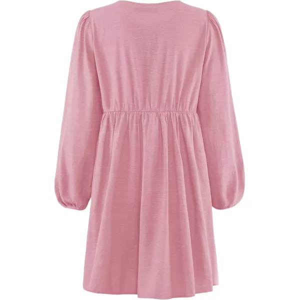 imageZESICA Womens Dress Fall Long Puff Sleeve Self Tie Front Babydoll A Line Pleated Cute Mini Tunic Dresses 2024Pink